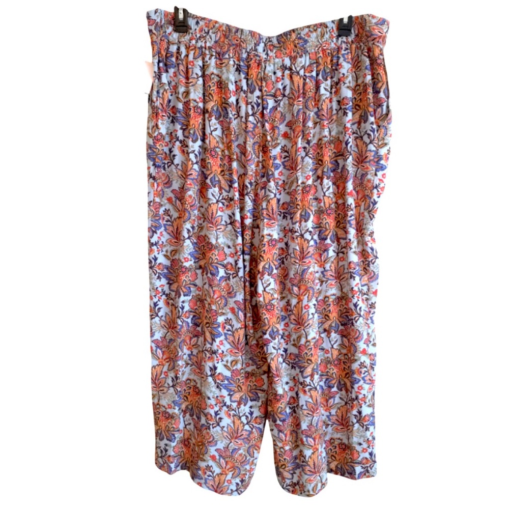 TAHARI Wide Leg Blue Paisley Flower Print Palazzo Pants Cropped Pull On Size 3X - Picture 3 of 5